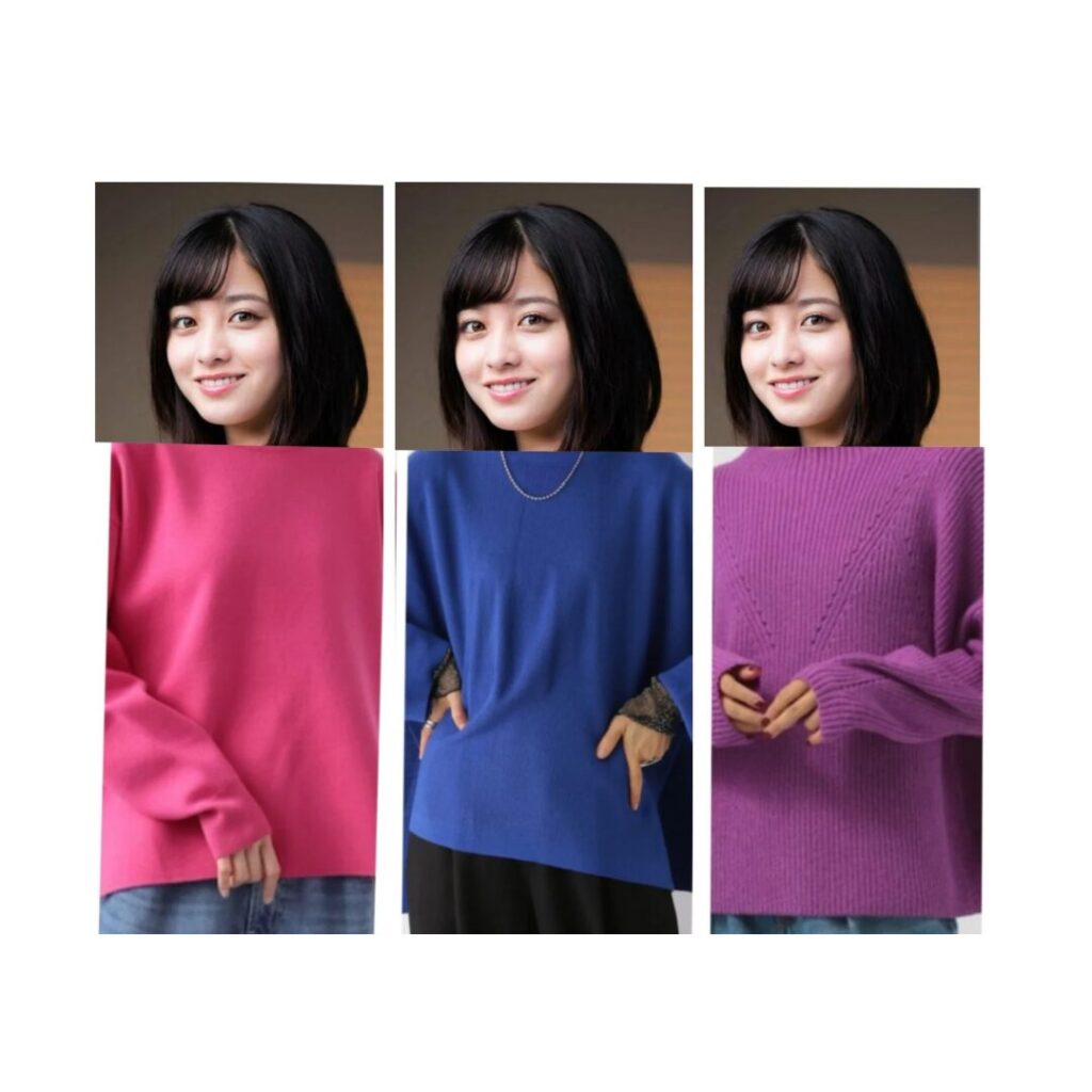 ピンク、ブルー、パープルの服を着た橋本環奈さん