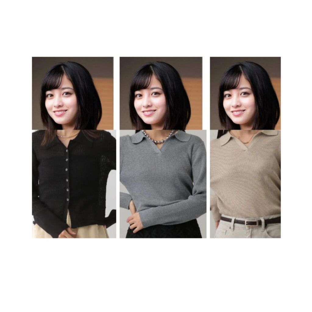黒、グレー、くすみベージュの服を着た橋本環奈さん