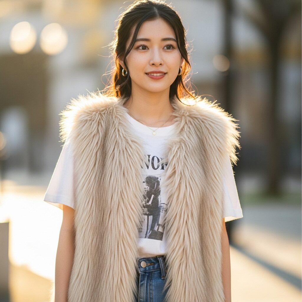 半袖Tシャツの上にファーベストを重ね着した女性