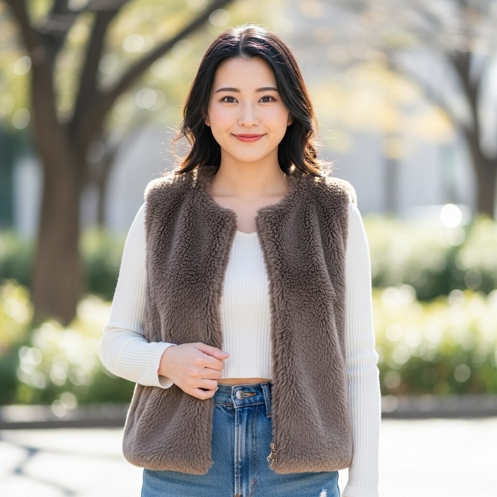 長袖カットソーに茶色ファーベストを重ね着した女性