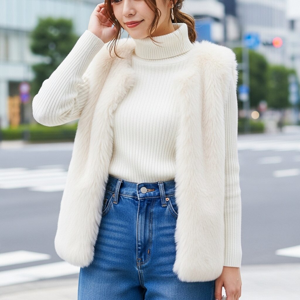 リブタートルニットにファーベストを重ね着した女性