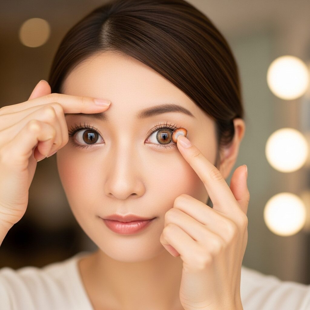 カラコンを入れようとしている、20代の女性