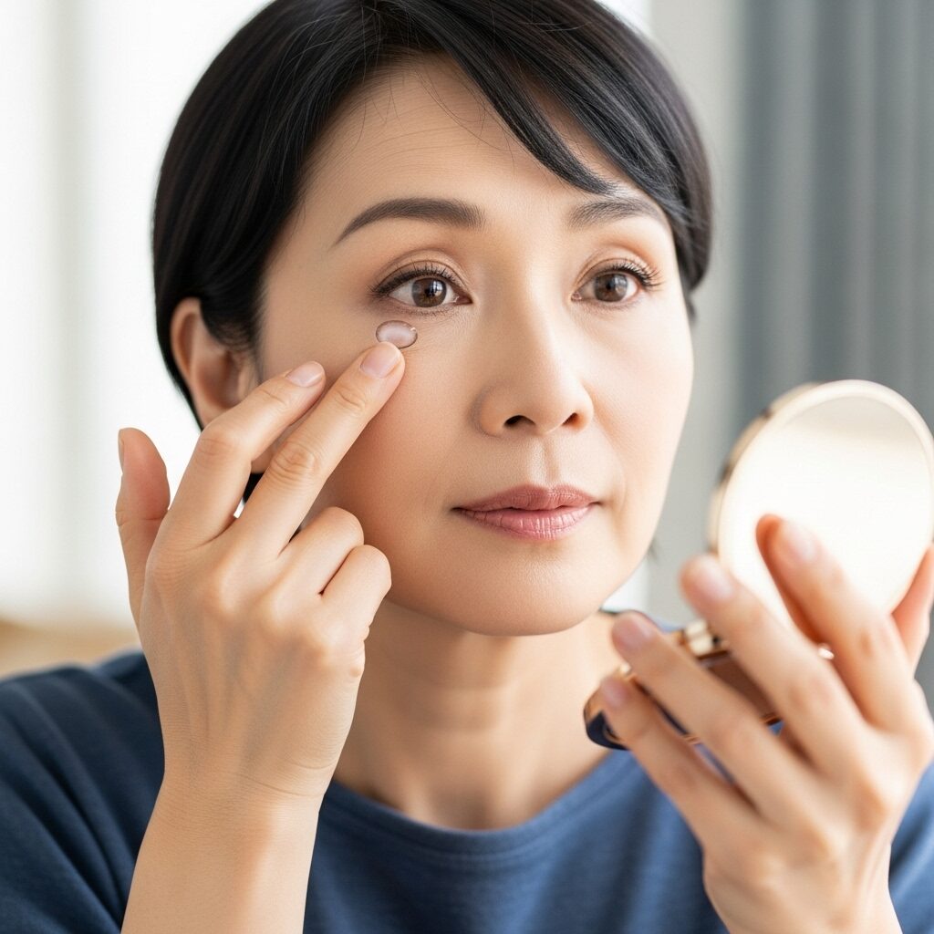 カラコンを入れようとしてる、50代の女性