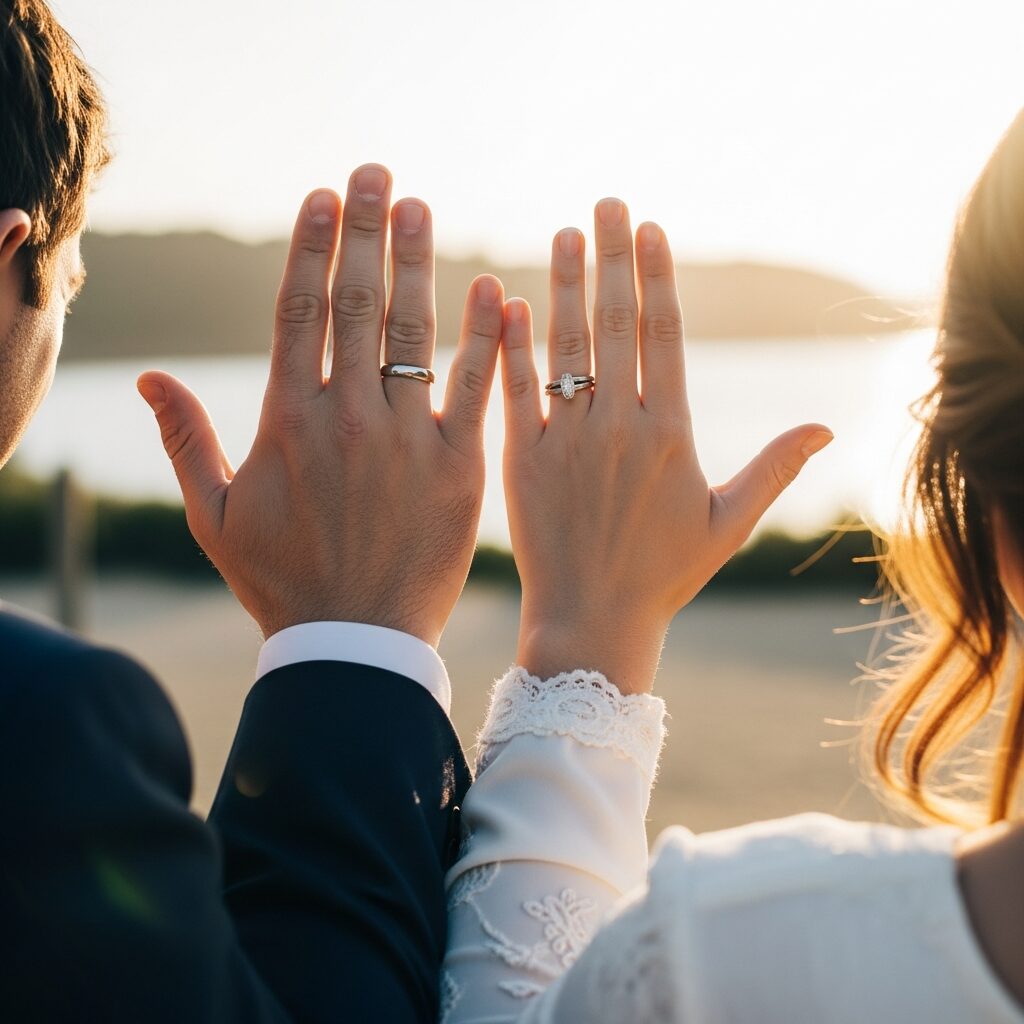 カップルが結婚指輪をして、手を並べている様子