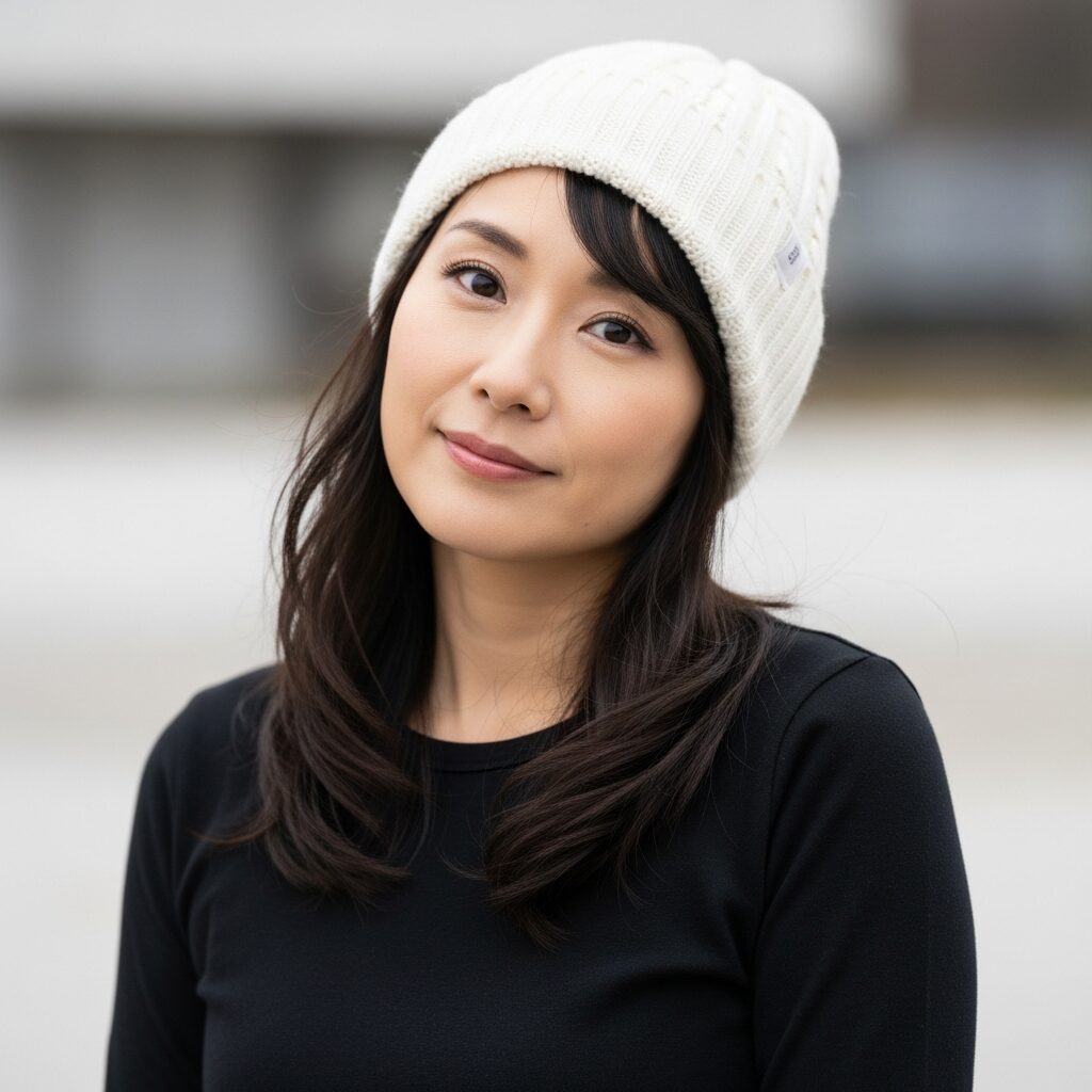 黒い服に白いリブニット帽をかぶっている女性