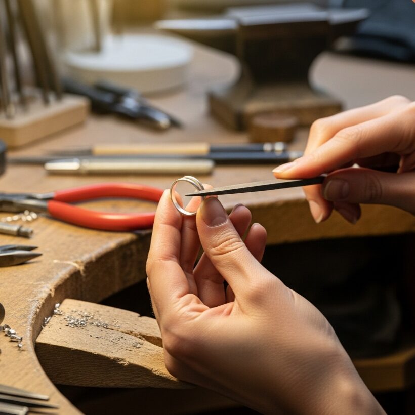 指輪職人が、工房で指輪を作っている様子