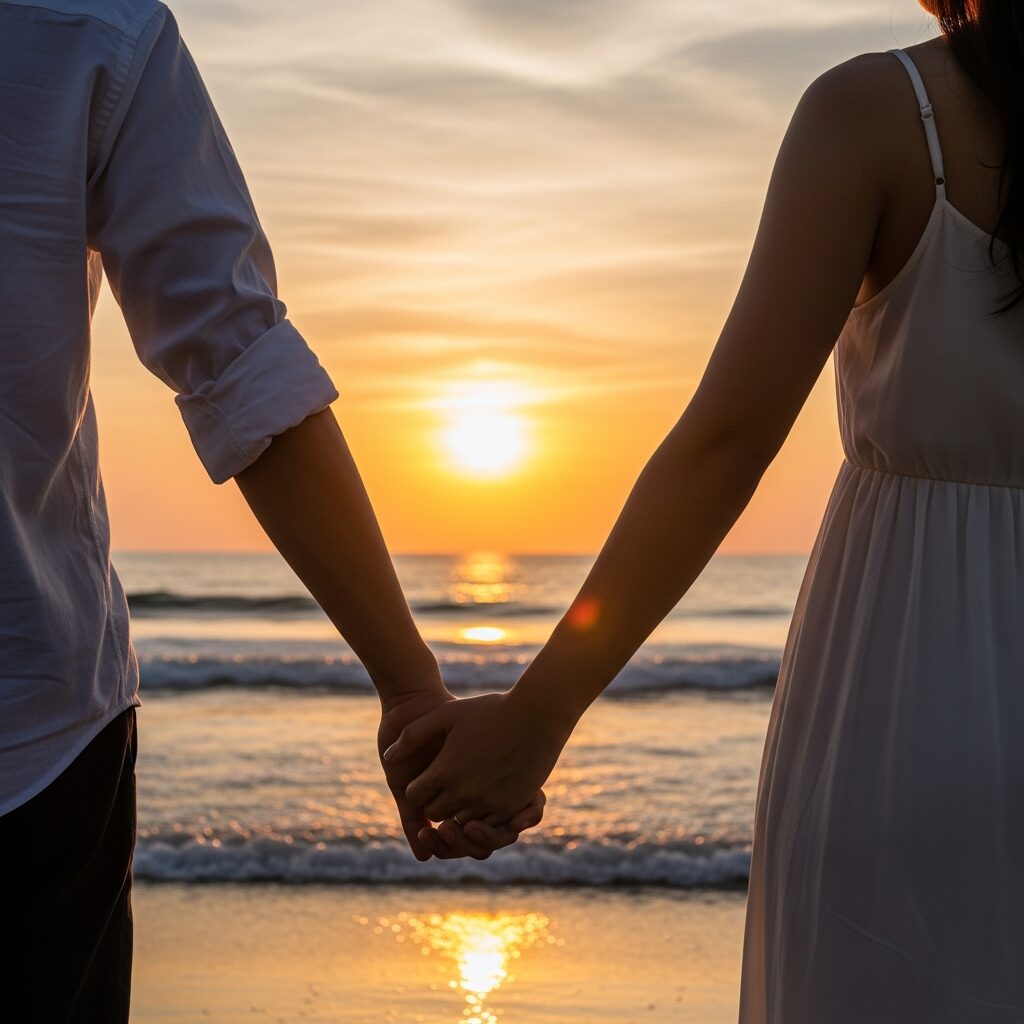 夕日が沈む海辺で、カップルが手をつないでいる