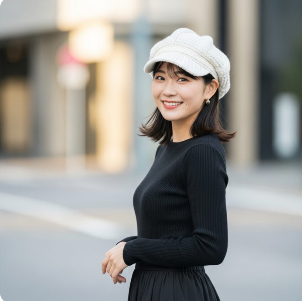 黒い服に白いキャスケットをかぶった女性