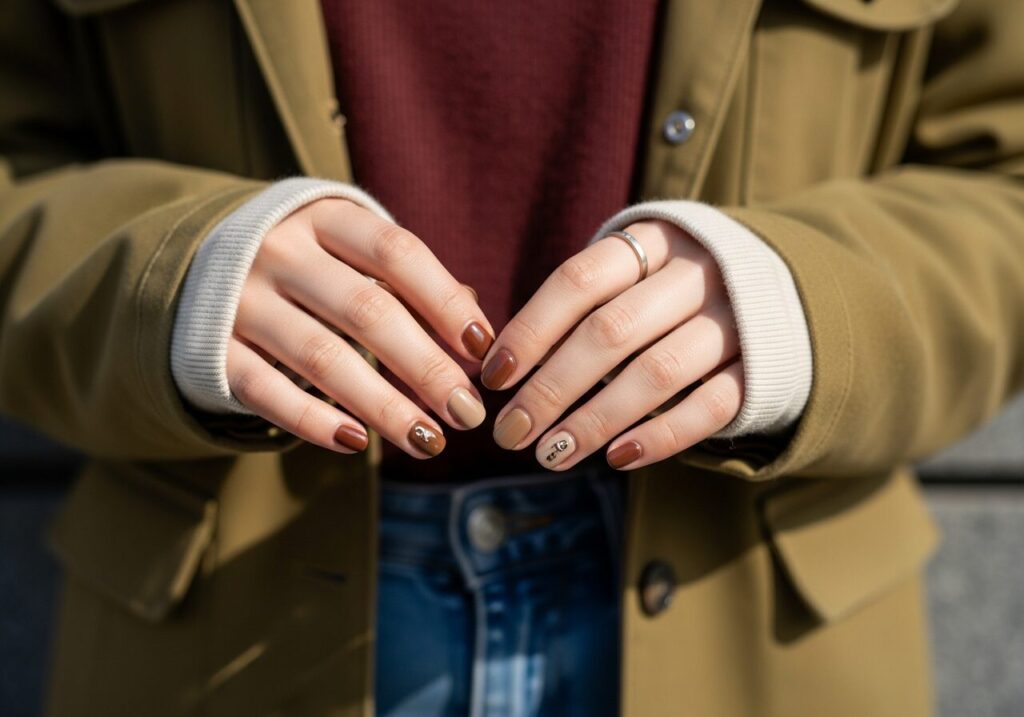 大学生の女性が、マニキュアを塗っている手元