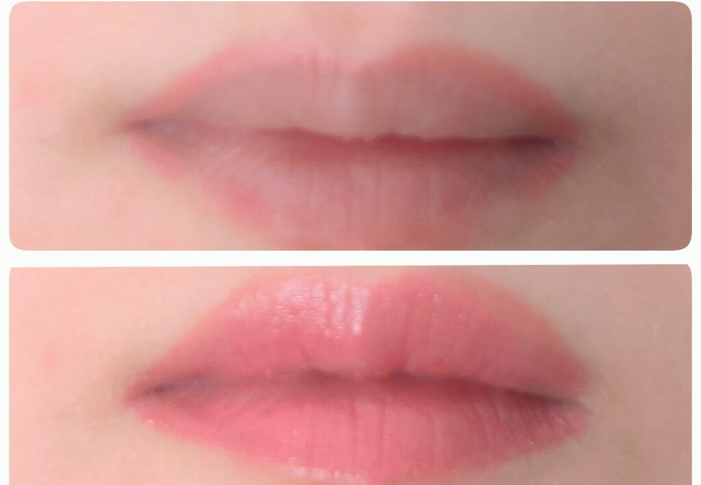 ちふれリップライナーを塗った唇と、さらに、インテグレートボリュームバームリップを塗った唇